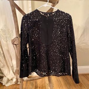 Jenni Kayne black floral lace top w/ silk contrast